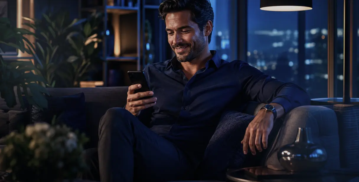 Cliente usando o app BTG em casa à noite